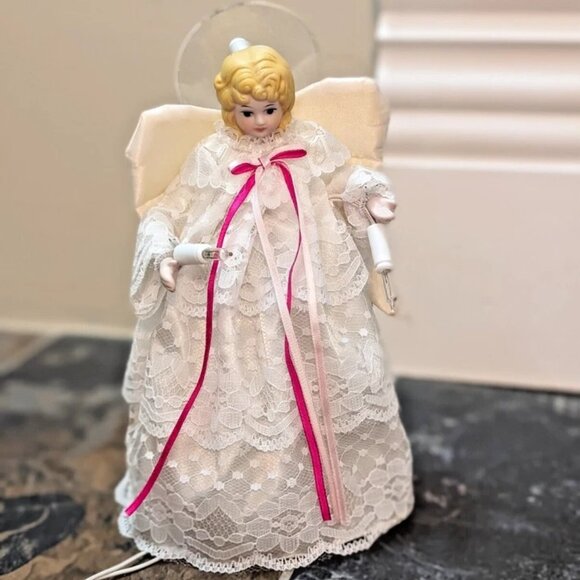 Porcelain And Lace Halo Light Angel Vintage Christmas Tree Topper - Picture 1 of 3
